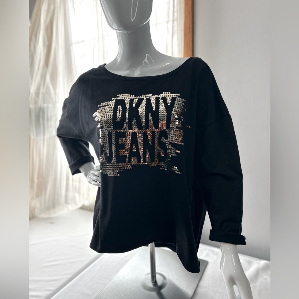 DKNYC Black Sequin Logo Blouse